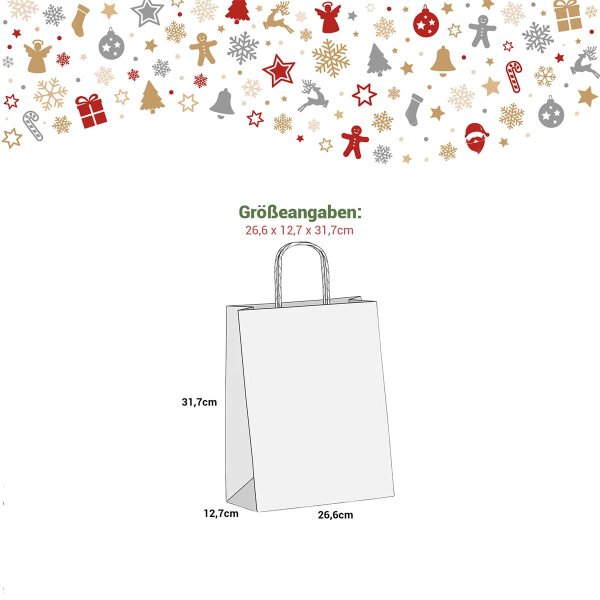 24 Geschenktüten Kraftpapier – 2 Designs, Groß 26,6x12,7x31,7 cm