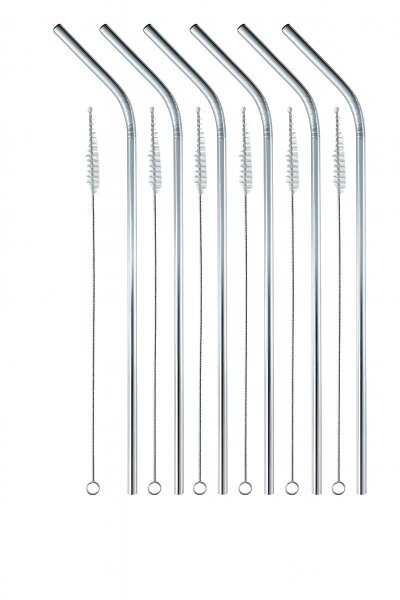 hausleben 12-teiliges Edelstahl Strohhalm Set – 6 Wiederverwendbare Metall Trinkhalme gebogen (ca.20 cm) + 6 Reinigungsbürsten