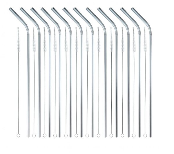 hausleben 24-teiliges Edelstahl Trinkhalm Set – 12 Wiederverwendbare Metall Trinkhalme gebogen (ca.20 cm) + 12 Reinigungsbürsten