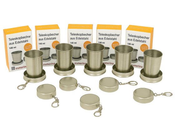 hausleben 5er Set - Teleskopbecher 140ml aus Edelstahl – Faltbarer Trinkbecher mit Deckel & Karabiner