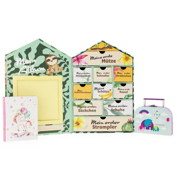 Baby Erinnerungsbox Schatztruhe Erinnerungen mit 10 Fächern,Erinnerungen Meilenstein Box (Hellblau-Tasche)