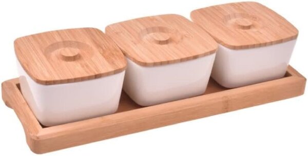 hausleben Porzellan Dipschalen Set mit 3 Schälchen + 3 Bambusdeckel und Tablett aus Bambus