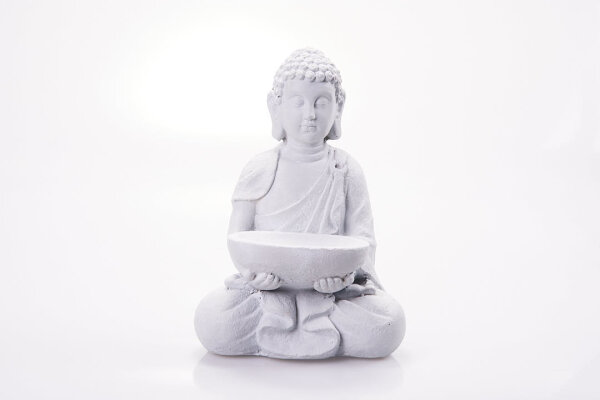 hausleben Eleganter Sitzender Buddha mit Vogelbad in Zement