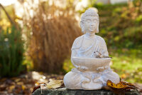 hausleben Eleganter Sitzender Buddha mit Vogelbad in Creme