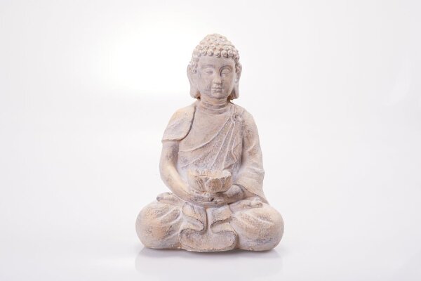 hausleben Eleganter Sitzender Buddha mit Vogelbad in Creme - 28,5x19x40 cm aus hochwertigem Magnesia (CremeKerzenhalter)