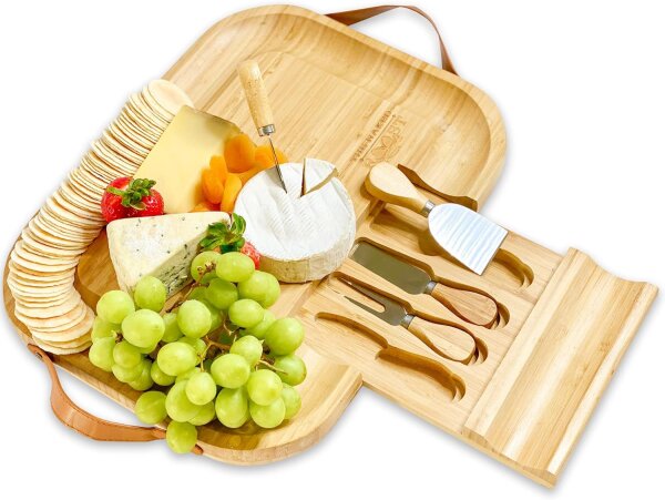 Bambus-Käsebrett und Messer-Set – Holz-Charcuterie-Brett mit Ledergriffen und herausziehbarer Schublade