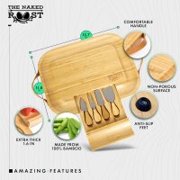 Bambus-Käsebrett und Messer-Set – Holz-Charcuterie-Brett mit Ledergriffen und herausziehbarer Schublade