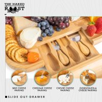 Bambus-Käsebrett und Messer-Set – Holz-Charcuterie-Brett mit Ledergriffen und herausziehbarer Schublade